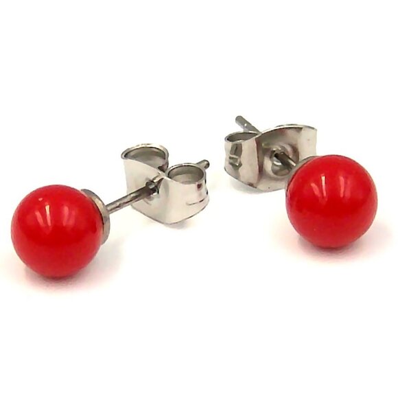 Red Resin Ball Stud Earrings Hypoallergenic Surgical Steel Posts Backs 6mm - Picture 1 of 4